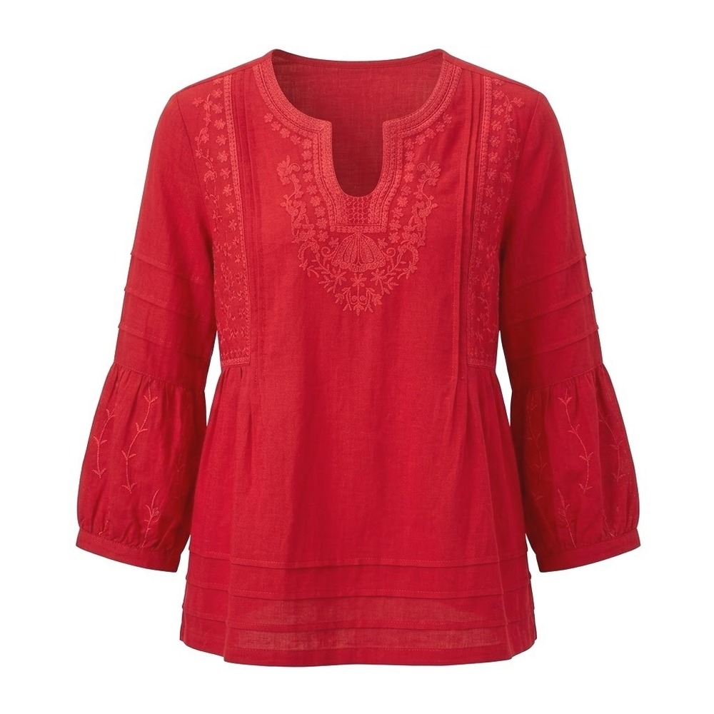 John Mark MEDIUM Red Embroidered Rayon Peasant Blouse 3/4 Bell Sleeve